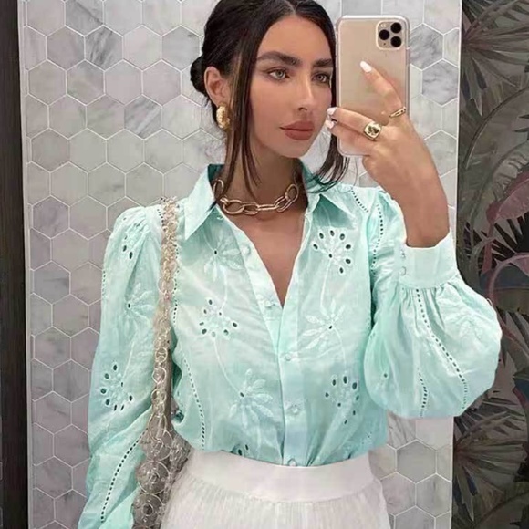 Boho embroidered eyelet pearl button up top Mint - Picture 11 of 14